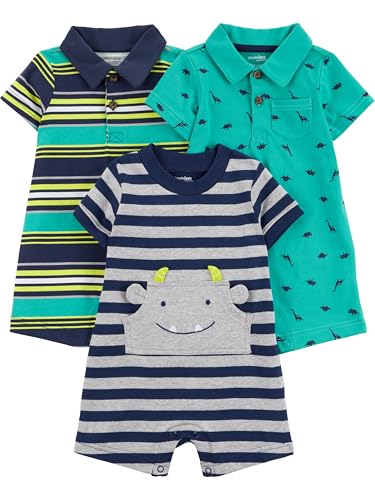Simple Joys by Carter's - Mamelucos para bebé, paquete de 3, gris/azul marino/azul, raya/dinosaurio, 3-6 meses