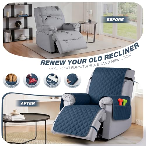 Image of TAOCOCO 100% Waterproof Recliner Covers, Recliner Sofa Covers with Leg Straps, Reversible Recliner Couch Cover for Reclining Chair, Washable Couch Protector for Pets Kids(1 Seater 28 inch, Ocean Blue)