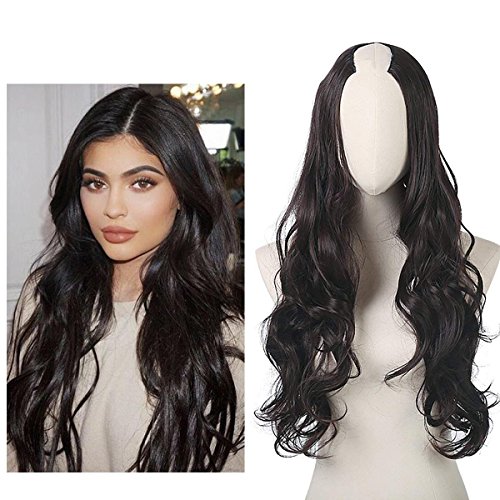 U part Half Wig Clip in Hair Extension 24" Long Curly Full Head Synthetic Hairpiece For Women None Lace Front Invisible Japan Heat Friendly Fiber UW01（black brown 4# ）