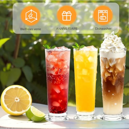 Ribbed 6 PCS Highball Glass Set, Elegant 11oz Tall Drinking Glasses Ideal for Mojito Whiskey Cocktails Perfect Bar Glassware Slim Cups Tall Water Glasses – Image 4