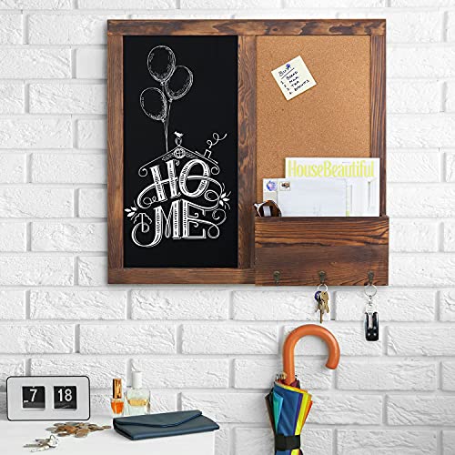 Mygift TB-HOM1537DKBRN Rustic Dark Brown Wood Wall-Mounted Chalkboard With Cork Board, Mail Sorter, & Key Hooks thumb #1