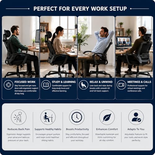 Image of HIGHLIVING Ergonomic Office Chair | Adjustable Headrest | 120 Tilt | Breathable Mesh Back | Moulded Foam Seat | Class 4 Gas Lift | Metal Base | High Back Computer Chair for Home & Office