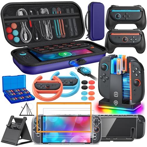 Image of Switch 2 Accessories, Case Bundle with Charger, Grip & Wheel for Nintendo 2 | FYOUNG [Charge Inside] Travel Hard Case, Charging Dock, Ergonomic Grip&Steering Wheel for Mario Kart,Tempered Glass -Blue