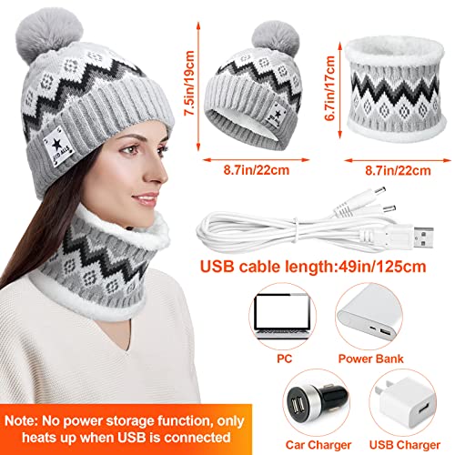 USB Heated Hat Scarf Set Winter Knitted Beanie Hats Touch Screen Gloves Ear Muffs Warm Gloves Neck Warmer for Women Men, Gray2
