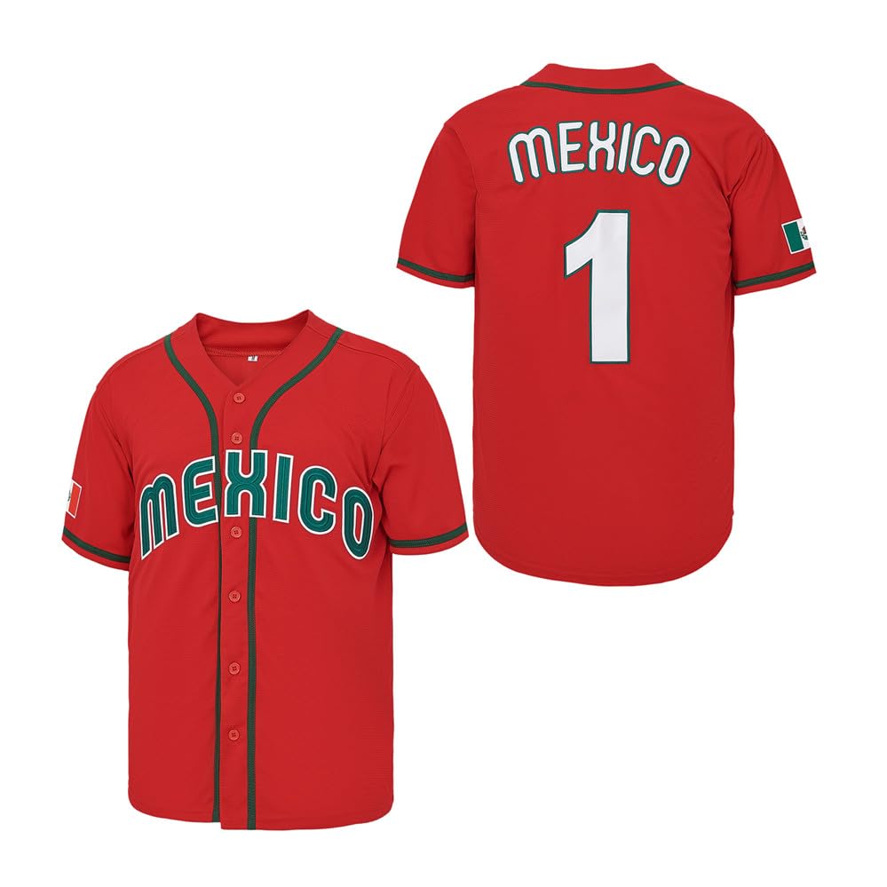 Jersey de béisbol para hombre Madjus México rojo tallas M a 3XL con botones y manga corta