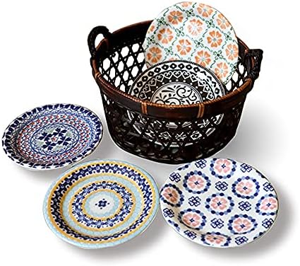 Ceramic Appetizer Plates Assorted Sauce Plates Set of 5 Small Plates Set with Bamboo Basket Porcelain Dinnerware Dessert/Salad/Snack/Sushi/Fruit/Bread Plates φ4.7 inch set Made in Japan