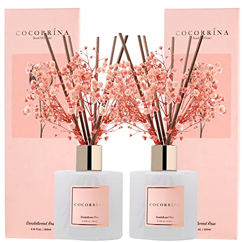 Image of Cocorrina Premium Reed Diffuser Set with Preserved Baby's Breath & Cotton Stick Sandalwood Rose 2 Packs, 6.7oz Scent Fragrance Oil Diffuser for Bedroom Bathroom Home Decor