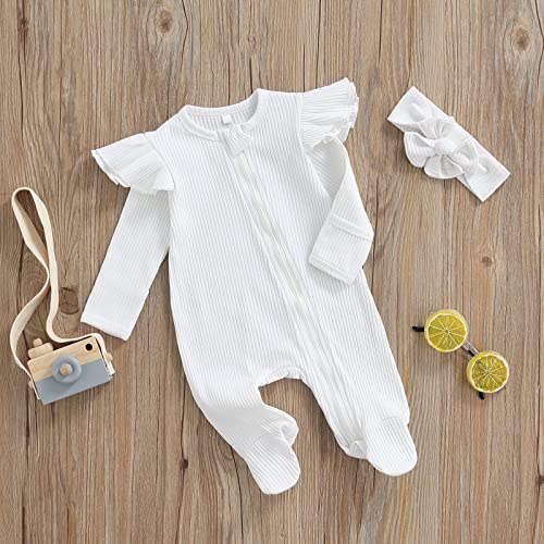 MERSARIPHY Newborn Baby Girl Footies Romper Onesie Zipper Ruffle Rib Footed Coming Home Outfit Jumpsuit Bodysuit and Headband2