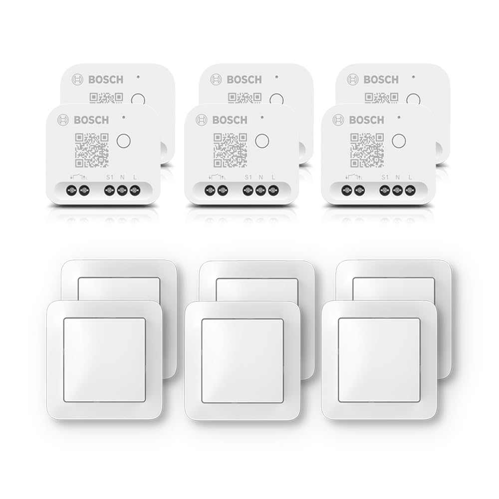 Set di illuminazione e oscuramento per la casa intelligente di Bosch, comprendente interruttore a parete, 6x relè, 6x interruttore a parete per attuatori smart