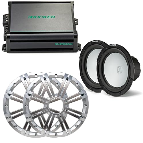 Kicker - Two 10 Inch LED Marine Subwoofers in Silver, 1 Pair with 600 Watt Amplifier Bundle