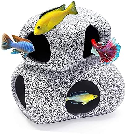 MUNLIT Ceramic Fish Tank Decorations, Betta Fish Tank Accessories Rock Caves, Stackable Aquarium Cichlid Cave, Betta Fish Hideout and House, Small Hiding Rock for Fish Bowl (2 PCS Oval Style B)