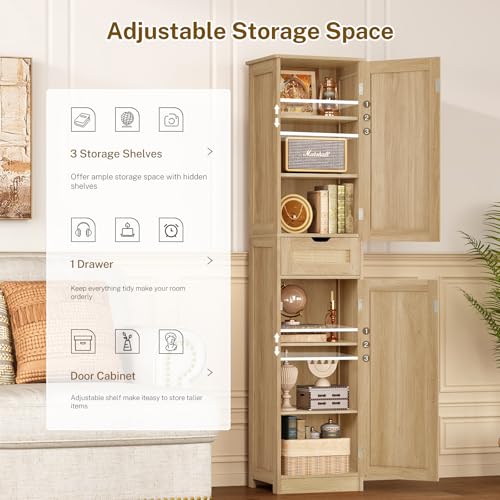 Image of TEENFON 66.9 inch H Tall Storage Cabinet with 2 Rattan Doors and 1 Drawer, Narrow Rattan Cabinet with Adjustable Shelves, for Living Room, Entryway, Kitchen, Natural