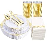 Nervure 175PCS White and Gold Plastic Plates - Disposable Dinnerware Set Include 50 Gold Plates for Dinner and Dessert, 75 Cutlery, 25Cups 25Napkins for Wedding & Party & Independence Day