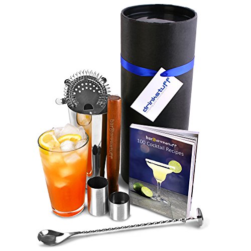 bar@drinkstuff Set di accessori per cocktail, contiene uno shaker Boston con bicchiere, pestello, cucchiaio contorto, scolapasta, 2 distributori di alcolici e un ricettario per cocktail