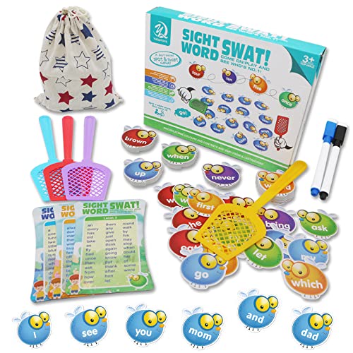 SATXTREM Sight Words Swat Game with 192 Fry Site Words and 4 Fly Swatters Set, Word List Phonics, Literacy Learning Reading Flash Cards Toy Games Educational Toys for 3, 4, 5, 6, Year olds
