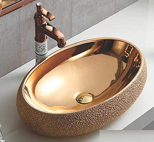 InArt Modern Oval shape Above Counter Ceramic Porcelain Gold Bathroom Vanity Bowl vessel sinks,Art Basin Wash Basin for Lavatory Vanity Cabinet 24