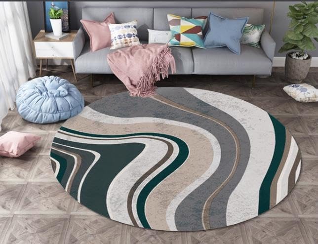 Tapis rond émeraude et beige de 140 cm à poils courts pour salon moderne