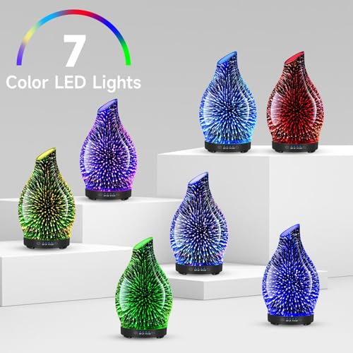 120ML Essential Oil Diffuser, 3D Glass Aromatherapy Diffuser with Auto Shut-Off and 7 Color LED Lights, Ultrasonic Mist Humidifier with 4 Timer for Home Office Bedroom (3D Fireworks) - Image 3