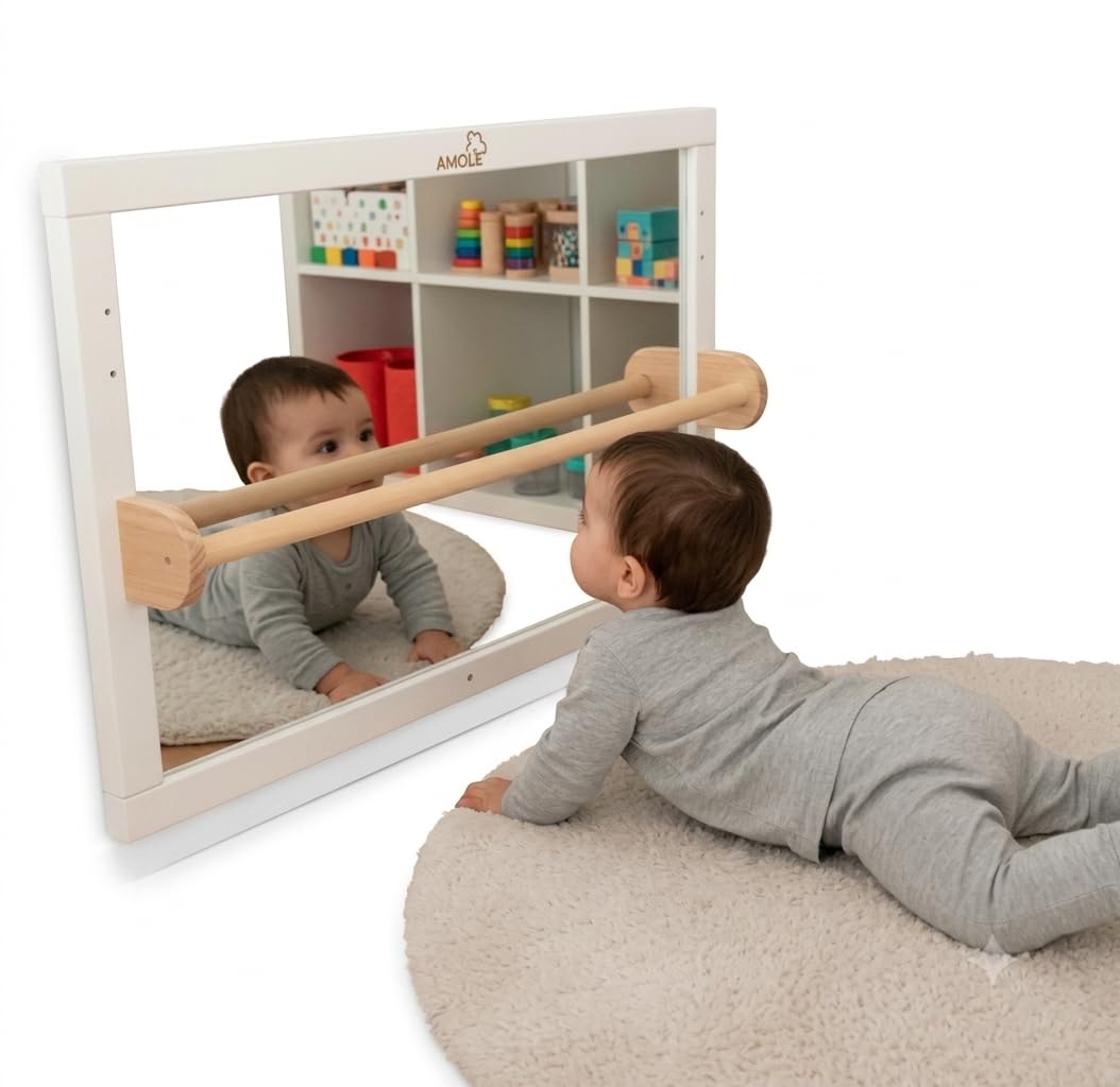Espejo Montessori de Seguridad con Barra Ajustable acabado blanco – Certificado CE – Bebés +8 meses – Madera ecológica-muebles montessori - espejo irrompible bebe - Desarrollo motor