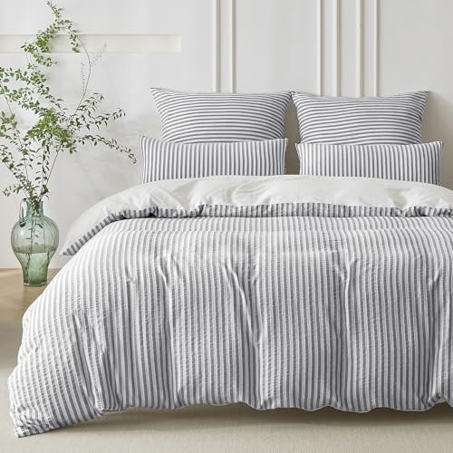 SOULFUL Housse de Couette 220x240 Coton avec 2 Taies d'oreiller 65x65 cm - 100% Coton Lavé - Design Bohème Jacquard Rayures - Bleu-Gris Parure de Lit 2...