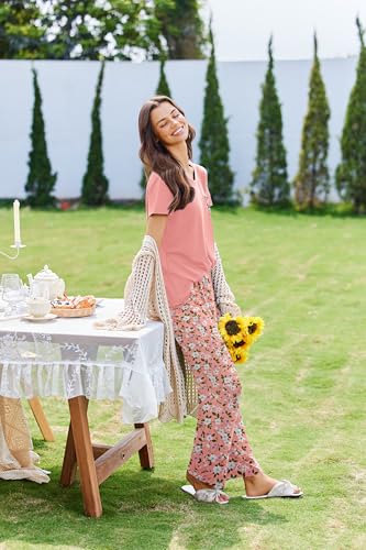 Image of Ekouaer Pajama Sets for Women 2 Piece Short Sleeve Pj V Neck Chest Pocket | Ladies Pajama Sets with Printed Long Pants, Soft Matching Pj Sleepwear, Casual Loose Fall Loungewear, S-XXL