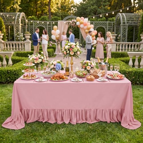 Chicplaid 90 x 132 Inch Farmhouse Ruffled Tablecloth Rectangle Cotton Table Cloth Decorative Ruffled Edge Flounces Trim Cover for Rectangle Desk Kitchen Dining Wedding Party(Pink)