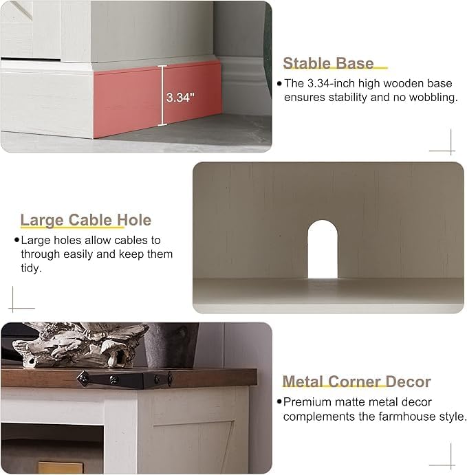 Details of the stable base, large cable hole, and metal corner decor on the TV stand.