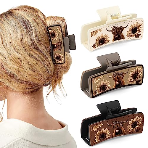 Ciyvolyeen Highland Cattle Hair Claw Clips 4 Inch Large Hairpins For Women Matte Leather Floral Scottish Cow Long Thick Hair Neutral Colors Appreciation Gifts Idea Teacher Nurse Mom Friends Teens 3Pcs thumb #1
