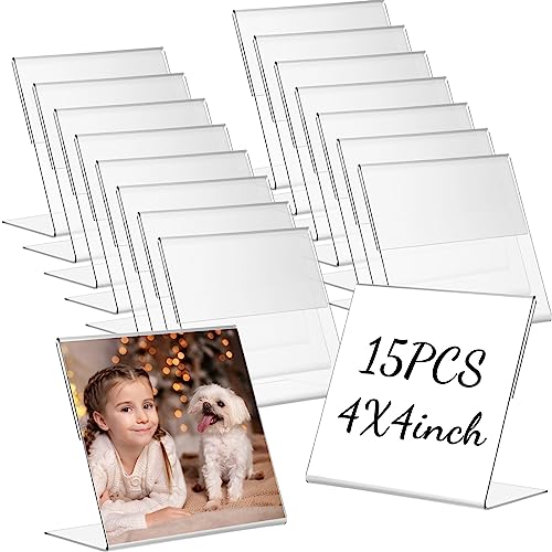 Soaoo 15 Pcs Acrylic Photo Frames 4 x 4 Inch Clear Picture Frames Slant Back Plastic Booth L Shaped Photo Stand Horizontal Small Sign Holder Name Display Stand with Insert for Home Office