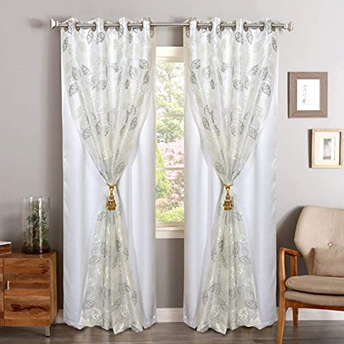 Image of Polyester and Blackout 2 in 1 Double Leaf Embroidery Design with Blackout Long Door Curtains, Set of 2 Pieces(9 Feet, White - Grey Leaf + White Blackout)