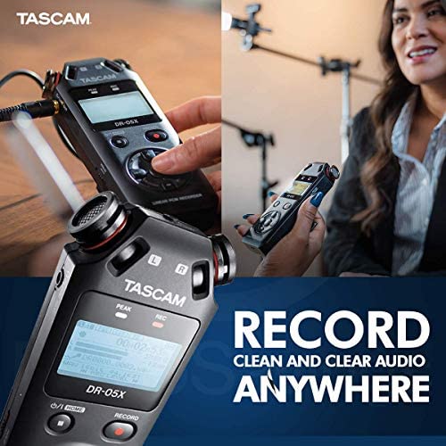 Tascam DR-05X 2-Input / 2-Track Portable Stereo Handheld Digital Audio Recorder and USB Audio Interface (Black) with Deluxe Accessory Bundle
