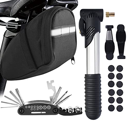 MASPODER Bolsa Bicicleta Sillin, Kit Herramientas Bicicleta, con Bomba de Aire Portatil, Parches Autoadhesivo Reparación Neumáticos para MTB Bici Carretera Montaña, Unisex adulto (BASIC PLUS)