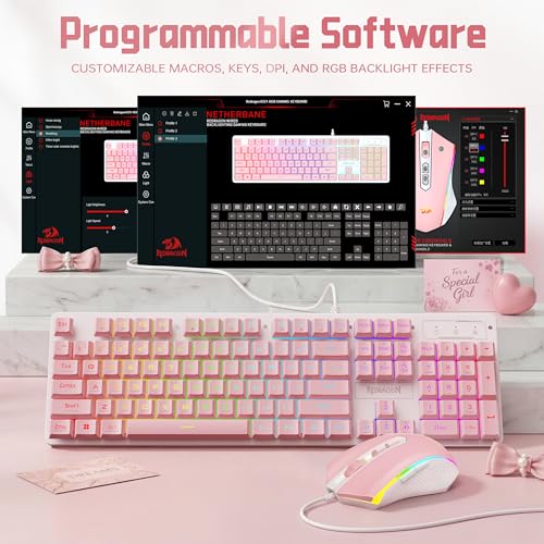 Image of Redragon Updated S107WP Gaming Keyboard and Mouse, RGB Gaming Keyboard and 10000 DPI Mouse Combo with 25-Key Anti-Ghosting, 1K Hz Programmable Mice with Software, Plug & Play to PC, Laptop - Pink