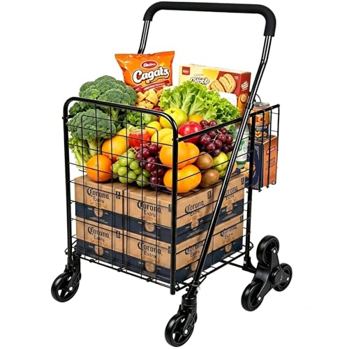 Kiffler Grocery Shopping Cart with 360° Rolling Swivel Wheels Stair Climber Utility Cart Easily Collapsible Cart with Tri-Wheels, Max 100 LBS Capacity Trolley for Stair, Laundry, Travel (Black)