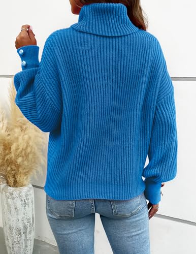 Image of Libsorge Women's Dressy Oversized Turtleneck Sweaters Fall 2024 Casual Winter Ribbed Knit Button Long Sleeve Pullover Sweater Blue S