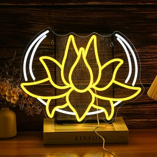 BNEMCEZH Moon Lotus Flower Neon Sign Dimmable White Moon Neon Light for Wall Decor USB Power Yellow Lotus Led Light Up Sign for Bedroom Yoga Room Game Room Man Cave