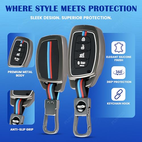 Image of Coll of Fest Premium Metal Silicon Key Cover Compatible with Hyundai Creta | Venue | i20 | Tucson | Elantra | Alcazar | Creta 2022 4 Button Smart Key Glow in the Dark