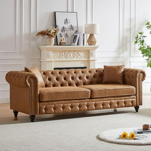 JEEOHEY Mid Century Modern Couch, 85.5' W High-tech Fabric Button Tufted Oversized Loveseat Sofa with Nailhead Trim & Roll Armrests, Deep Seat Comfy Chesterfield Sofa for Living Room, Office(Brown)