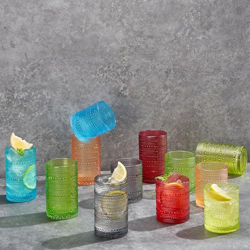 Image of Khen Hobnail Beaded Highball Drinking Tumbler Glasses | Set of 12 | Autumn Colors Vintage Bubble Design Whiskey Glassware, Old-Fashioned, Embossed Design Water, Wine, Cocktail Rocks Glasses