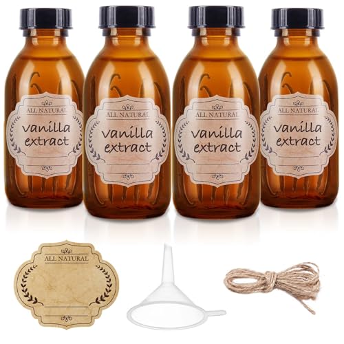 4 oz Amber Glass Bottle with Cap Empty Glass Bottles Cosmetic Pump Dispensers for Homemade Vanilla Extract Essential Oils Juice Potion Syrup Liquids Christmas Holiday Gift (Brown 4 Pack)