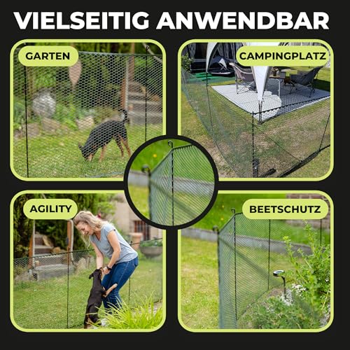 SELFmania Hundezaun 25m lang 90cm hoch SCHWARZ [TESTSIEGER] inkl. 21x Stäbe & 25x Erdanker | Begrenzungszaun Robust & Mobil | Flexibler Zaun für Hunde | Sorgloser Hundeauslauf im Garten & Camping