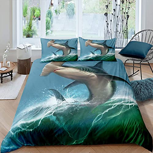 Housse de Couette Requin 140x200cm Enfant Parure de Lit 1 Personnes Requin Marteau Animal Marin Microfibre Set Housse de Couette avec Fermeture Éclai avec 2 Taies d'oreiller 50x75cm