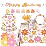 142Pcs Colorful Daisy Birthday Party Decorations Flower Paper Plates and Napkins Sets with Cups Forks Tablecloth and Banner Groovy Retro Hippie Boho Party Decorations Daisy Party Supplies