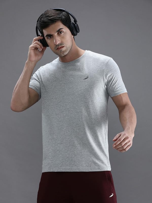 Image of CROCODILE Men Solid Sport Fit T Shirt | Round Neck | Short Sleeve | Regular Length | Basic Casual Pull On Topwear Grey Melange