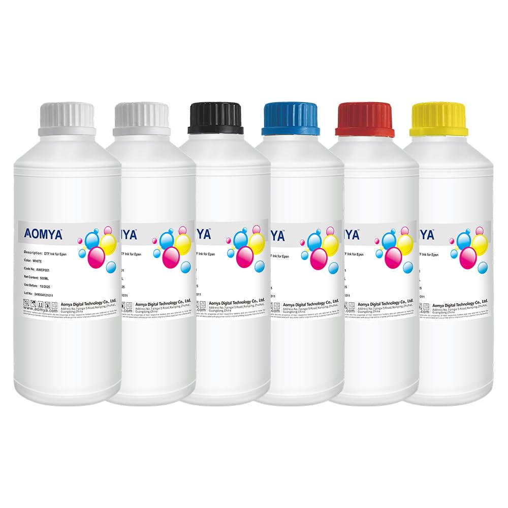 Aomya DTF Ink 500 ml x 6 pezzi, inchiostro di trasferimento DTF per pellicola PET compatibile per testine di stampa installate stampanti DTF L1800 R1390 DX5 DX7 ET-4800 ET-8550 XP15000 I3200 4720