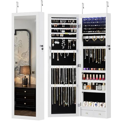 DUMOS 6 LEDs Mirror Jewelry Cabinet, Wall or Door Mounted...