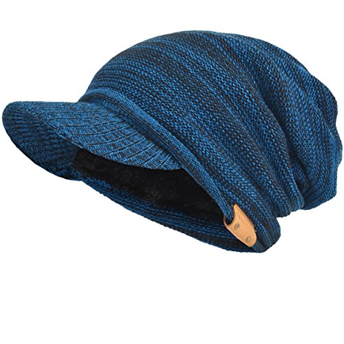 Mens Womens Thick Fleece Lined Knit Newsboy Cap Slouch Beanie Hat with Visor (Blue)
