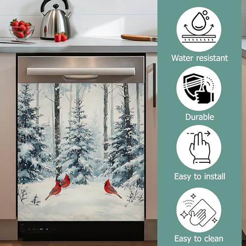 Image of Dishwasher Magnets Decorative Cover,Winter Pine Forest Refrigerator Magnet Cover,Washable Red Cardinal Dishwasher Front Panel Cover Home Kitchen Decoration 23x26 Inch