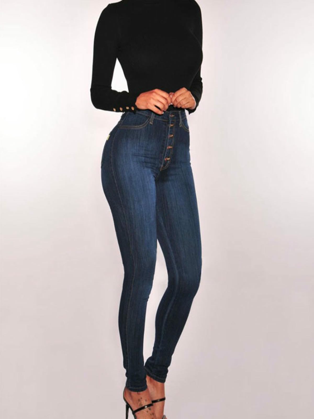 Jeans da Donna Sottili, Stretti E alla Moda per Il Pendolarismo-Blu Intenso-XXL