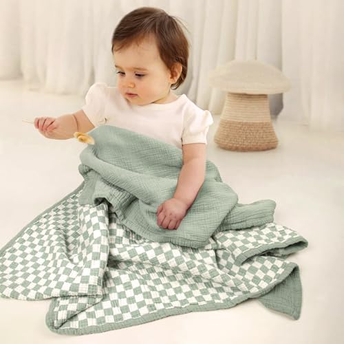 Image of lulumoon Muslin Baby Blanket Neutral: Cotton Toddler Blanket for Daycare | Reversible Cotton Crib Blanket for Daycare - Breathable Baby Swaddle for Stroller & Travel, 47x47in (Sage Checkered)